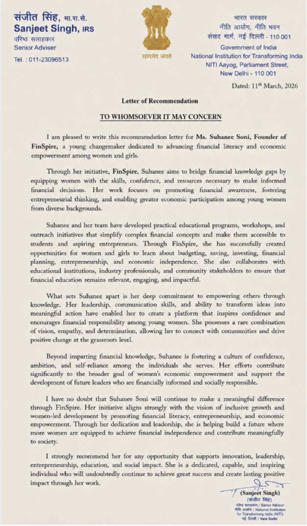 Letter of recommendation for Suhanee Soni, founder of FinSpire, from Sanjeet Singh, IRS, Senior Adviser at NITI Aayog, Government of India, dated 11 March 2026